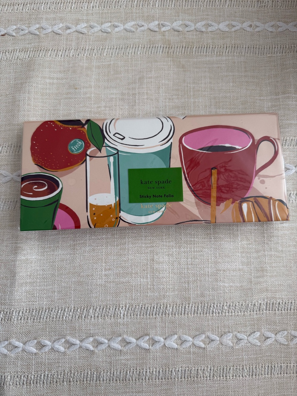 kate spade Pink, Green and Red Sticky Note Folio with Coffee & Fruit Art